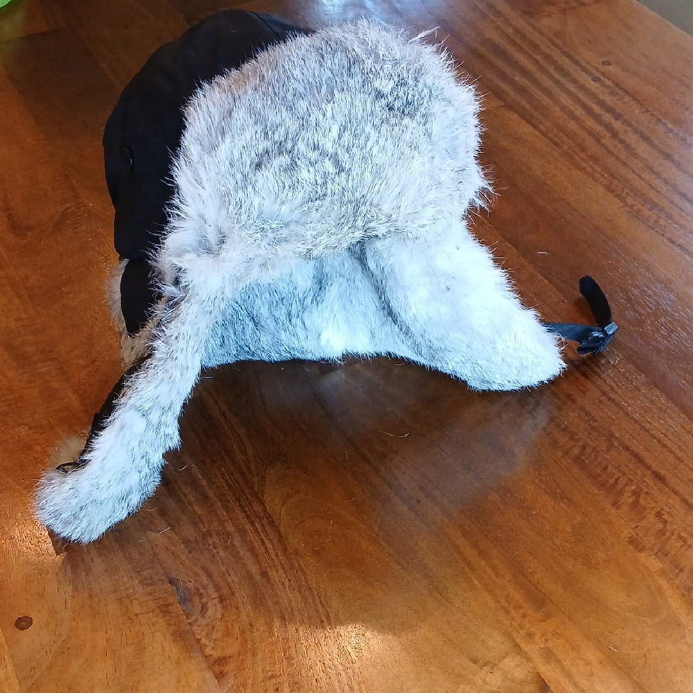 Gray and Black Trapper Hat with Rabbit Fur Lining
